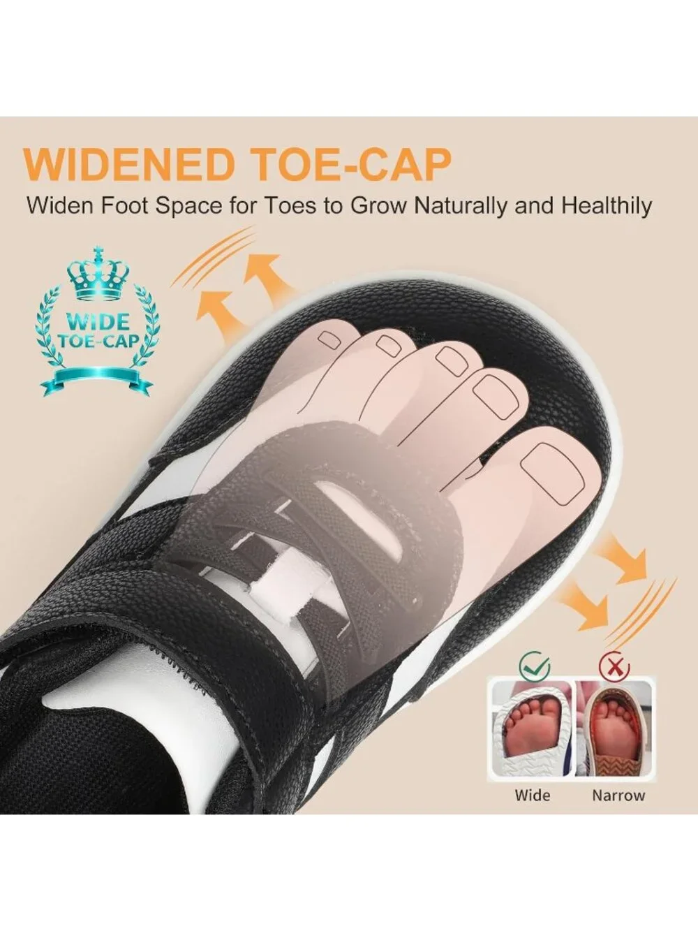 Toddler Black White Faux Leather Boys Girls Wide Toe Zero Drop Barefoot Sneakers